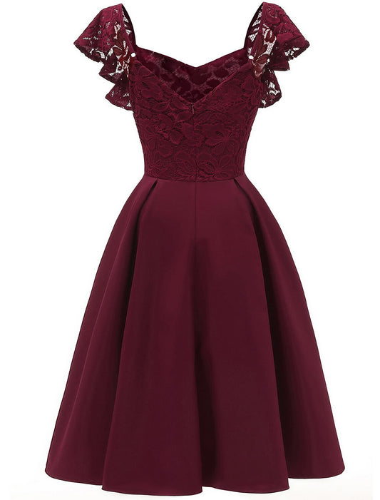 A-Line Cocktail Dresses Vintage Dress Party Wear Wedding Guest Knee Length Short Sleeve V Neck Spandex with Lace