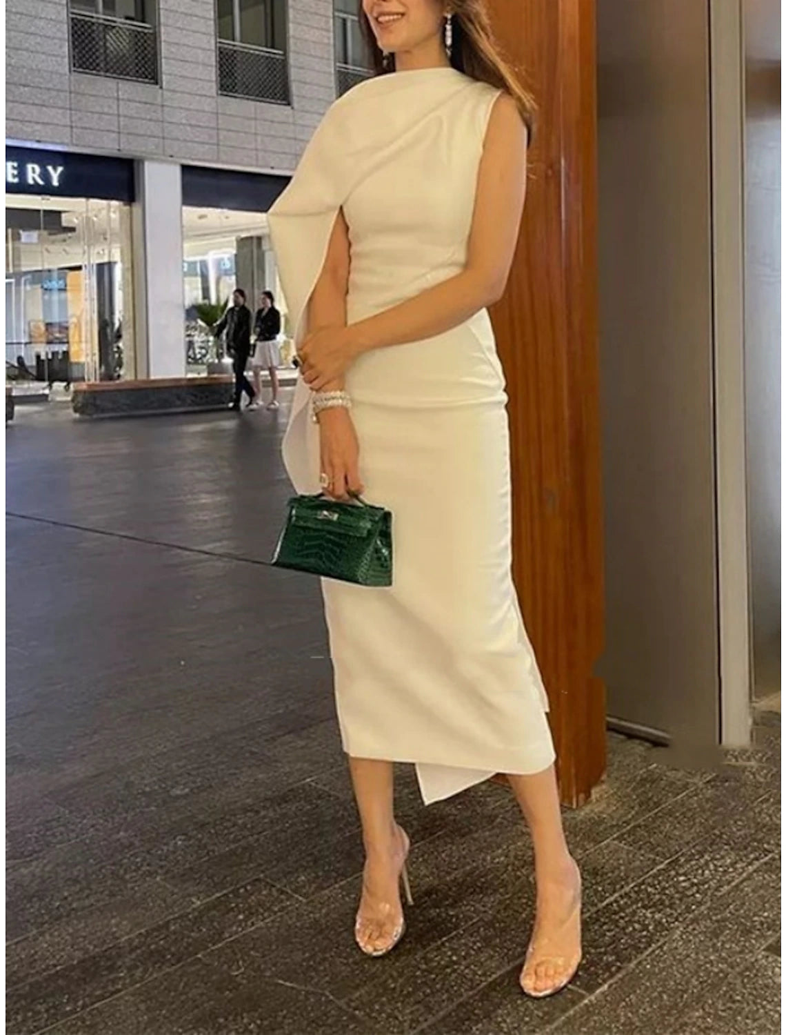Sheath / Column Evening Gown Elegant Dress Formal Tea Length Christmas Red Green Dress Sleeveless Cowl Neck Stretch Fabric with Ruched