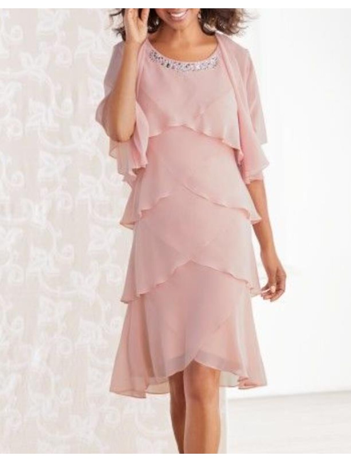 Two Piece Sheath / Column Mother of the Bride Dress Formal Fall Wedding Guest Elegant High Low Scoop Neck Asymmetrical Knee Length Chiffon Sleeveless Wrap Included with Tier