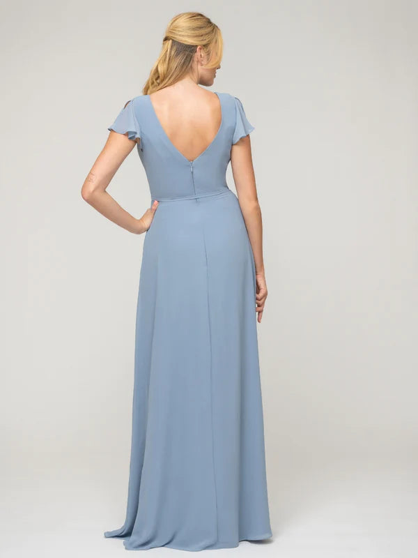 Ruffle Sleeve V Neck Slit Bridesmaid Dresses For Wedding