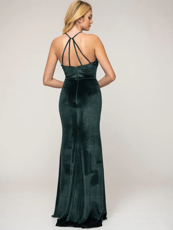 Halter Neckline Sheath Long Velvet Dresses