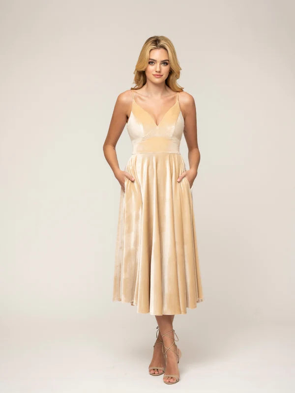 DingJiDress Spaghetti Strap A Line Tea Length Velvet Dress Bridesmaid Dresses