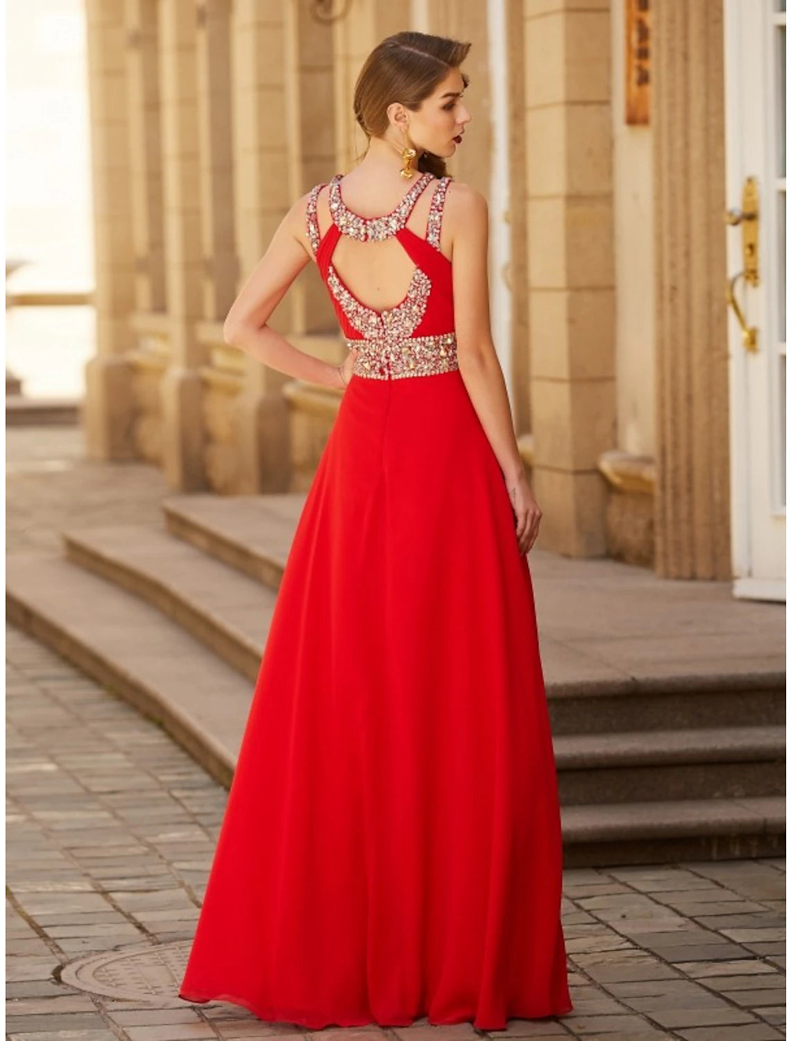 A-Line Evening Gown Sparkle & Shine Dress Wedding Guest Party Wear Floor Length Sleeveless Halter Neck Chiffon with Rhinestone