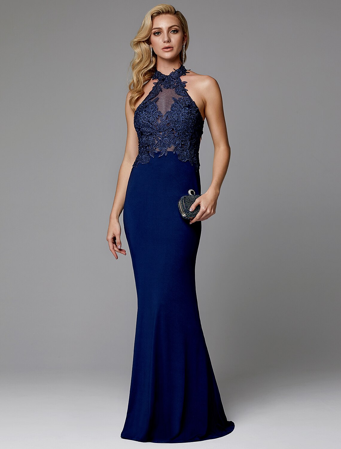 Evening Gown Cut Out Dress Wedding Guest Floor Length Sleeveless Spandex Crisscross Back with Applique