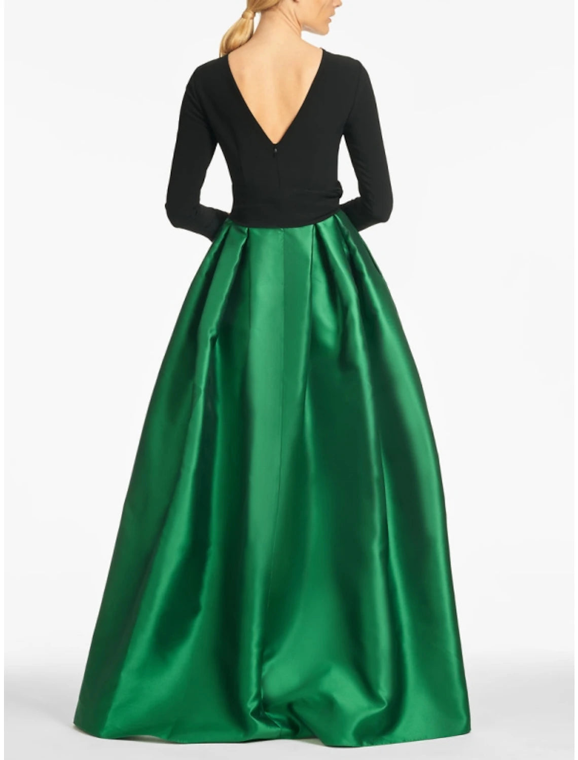 A-Line Evening Gown High Split wedding guest Dress Formal Fall Floor Length Long Sleeve color contrast Jewel Neck Satin with Crystals