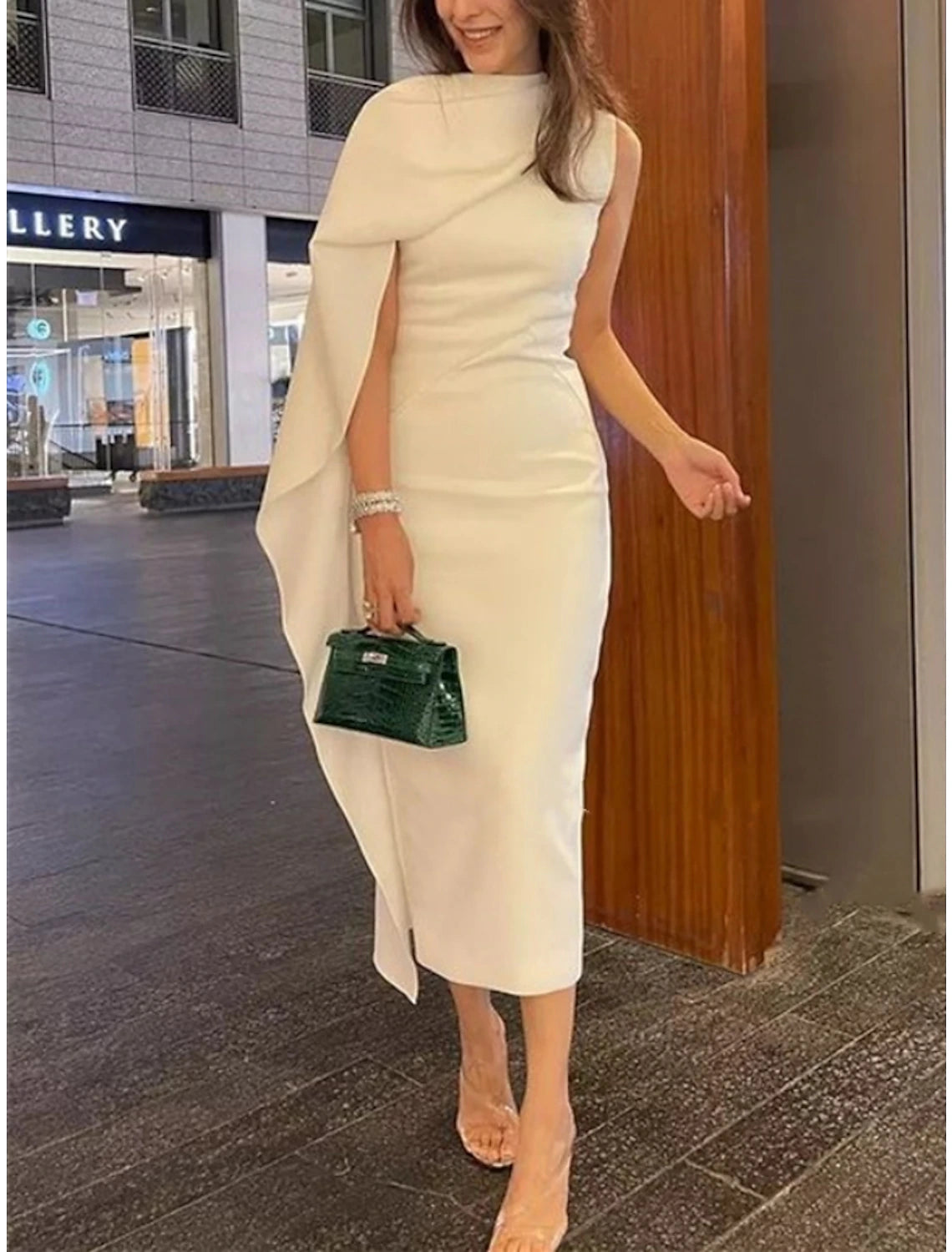 Sheath / Column Evening Gown Elegant Dress Formal Tea Length Christmas Red Green Dress Sleeveless Cowl Neck Stretch Fabric with Ruched