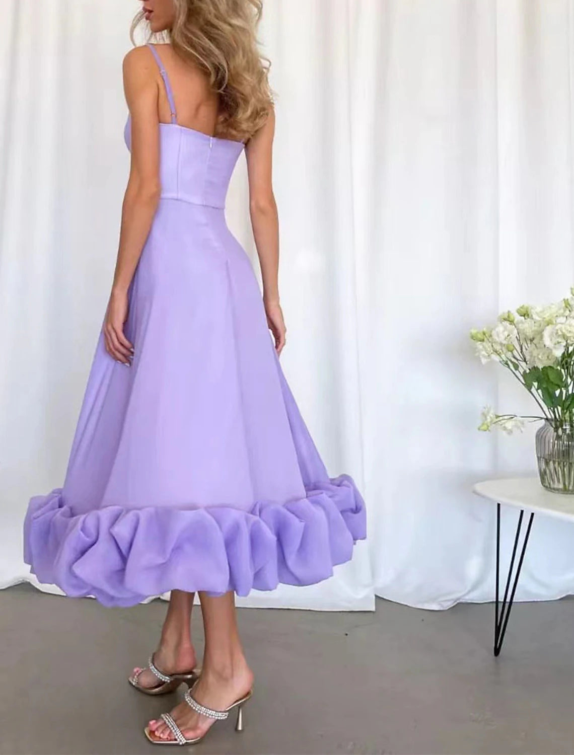 A-Line Party Dresses Tiered Plisse Dress Homecoming Summer Tea Length Sleeveless Spaghetti Strap Polyester with Fringe