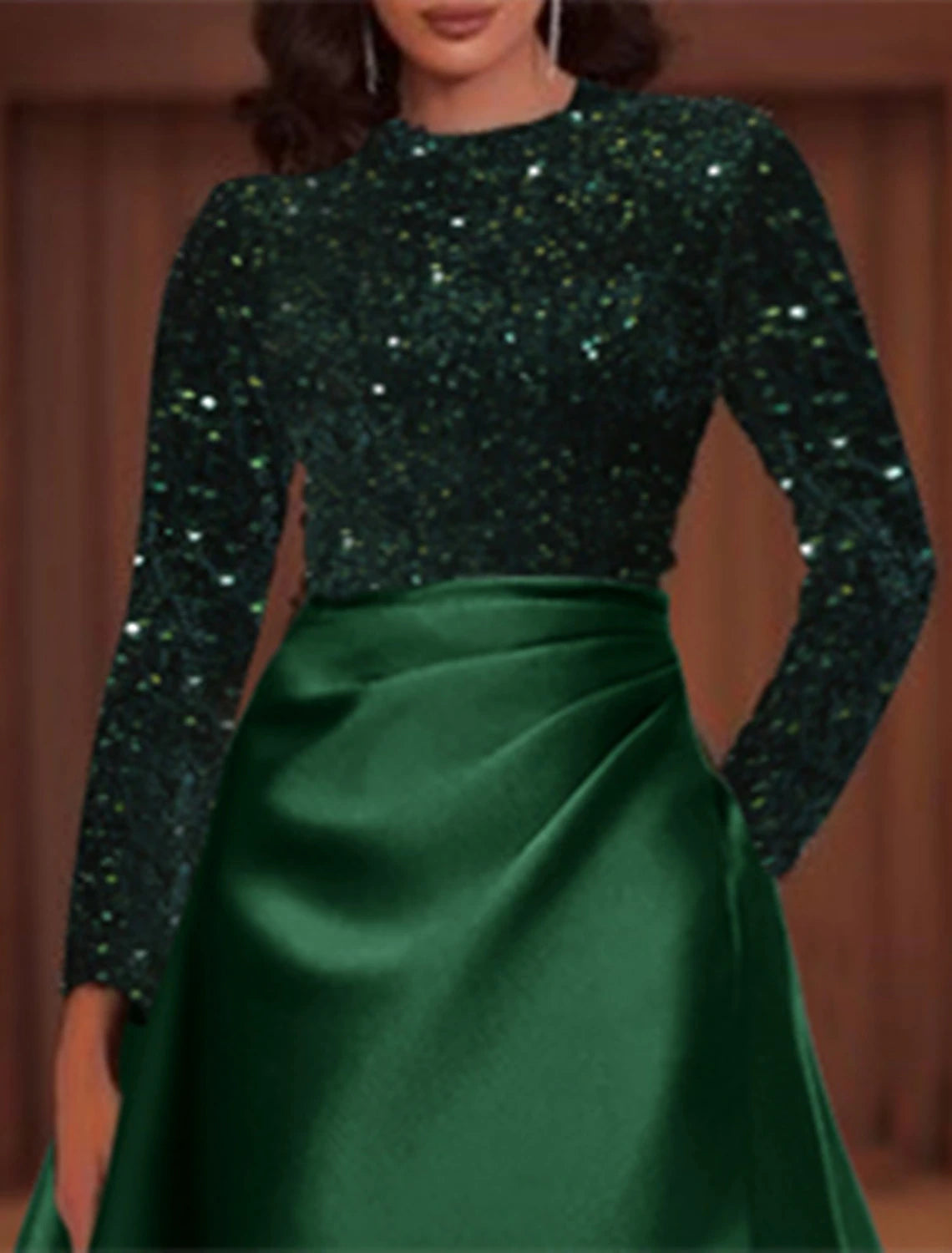 A-Line Evening Gown Elegant Dress Christmas Red Green Dress Wedding Guest Floor Length Long Sleeve Jewel Neck Pocket Satin with Sequin