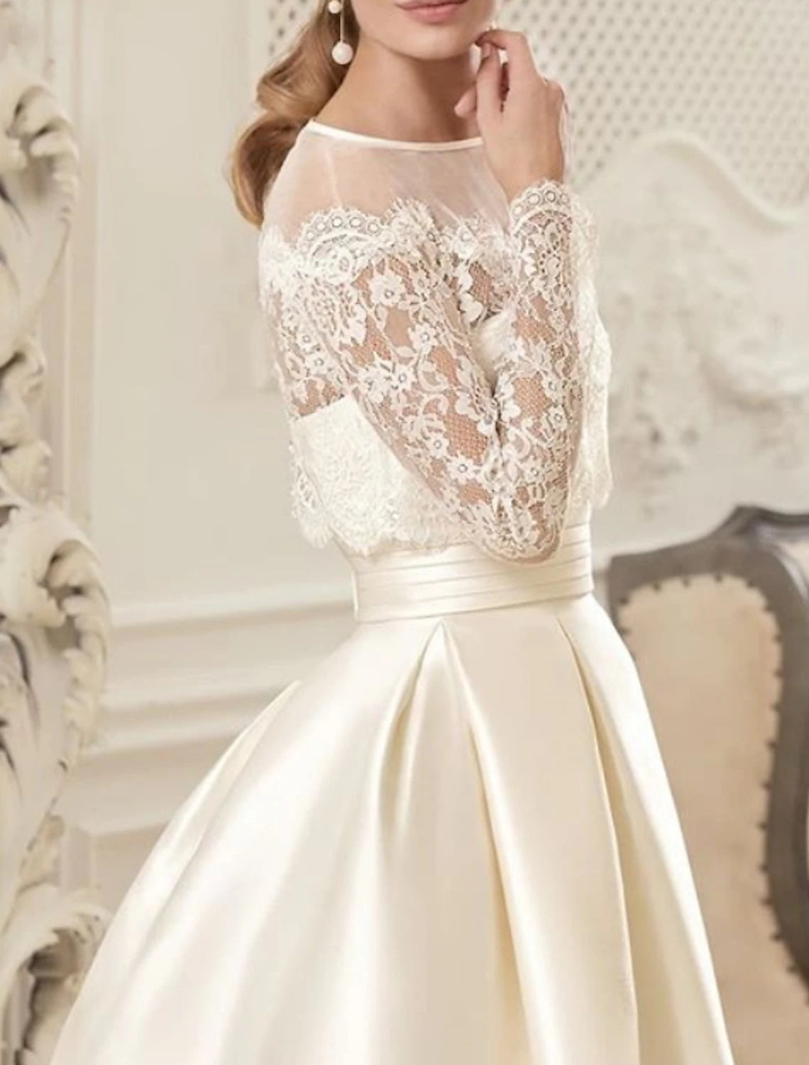 DingJiDress Engagement Vintage 1940s / 1950s Formal Wedding Dresses A-Line Illusion Neck Long Sleeve Floor Length Satin Bridal Gowns With Pleats Beading