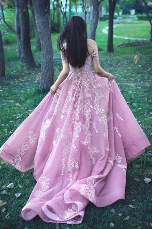 DingJiDress Off The Shoulder Evening Dress Tulle Prom Dresses Ball Gown With Lace Appliques
