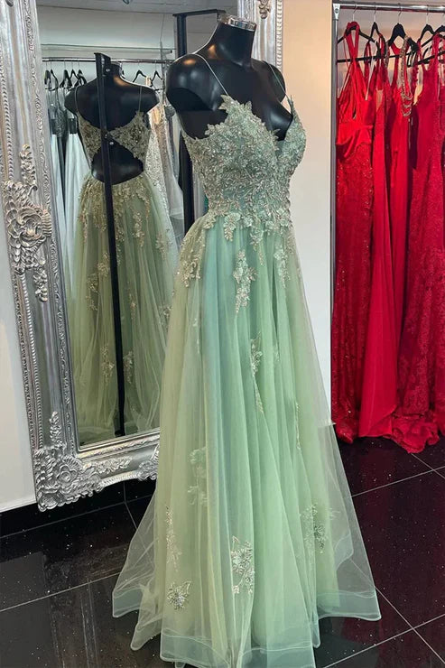 DingJiDress Elegant A Line Evening Dress Mint Green Tulle Prom Dresses With Appliques