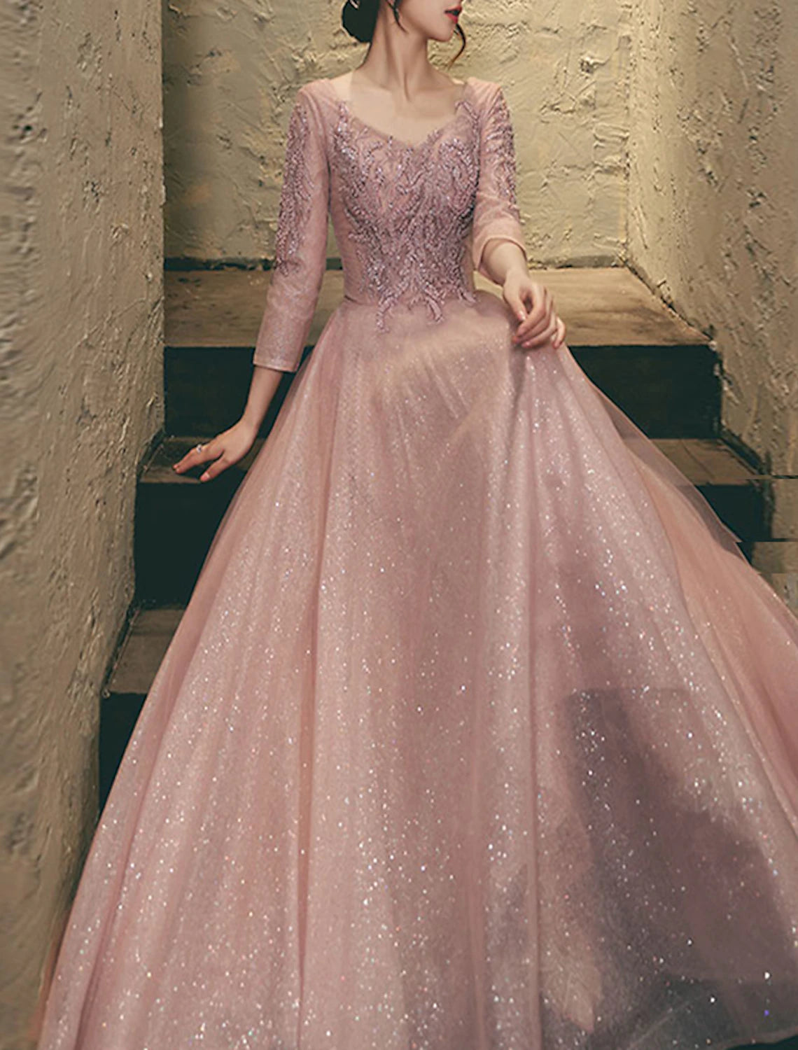 A-Line Prom Dresses Elegant Dress Wedding Guest Prom Floor Length 3/4 Length Sleeve V Neck Lace with Appliques