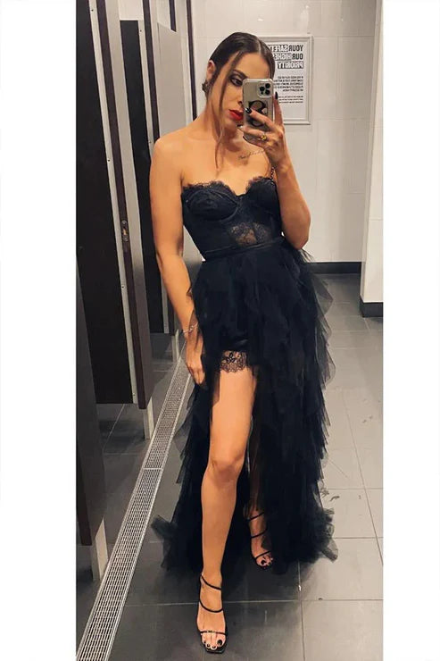 DingJiDress Elegant Evening Dress Strapless Tiered Tulle Fashion Prom Dresses