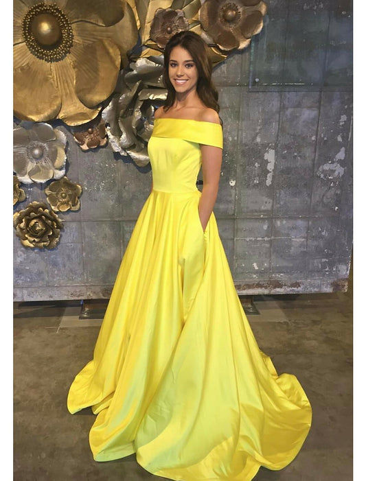A-Line Prom Dresses Minimalist Dress Formal Sweep / Brush Train Sleeveless Off Shoulder Pocket Stretch Satin Backless with Pleats Ruched Pocket