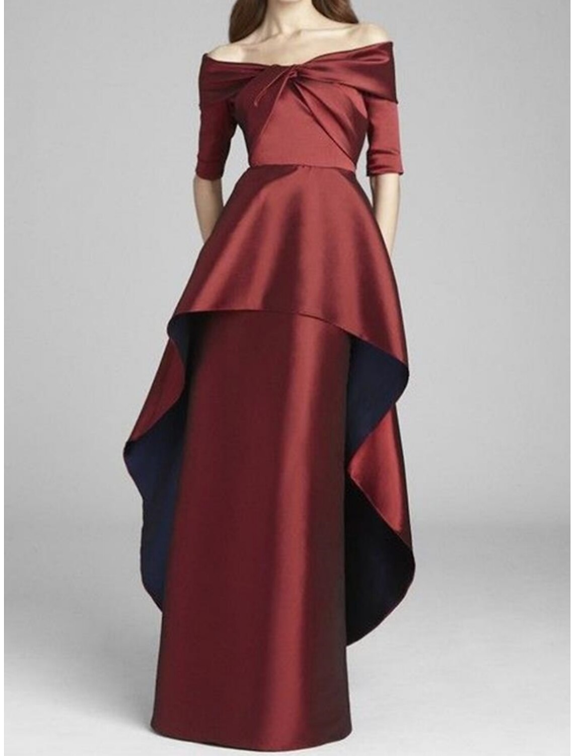 A-Line Mother of the Bride Dress Wedding Guest Party Elegant Off Shoulder Floor Length Satin Half Sleeve with Tier Ruching