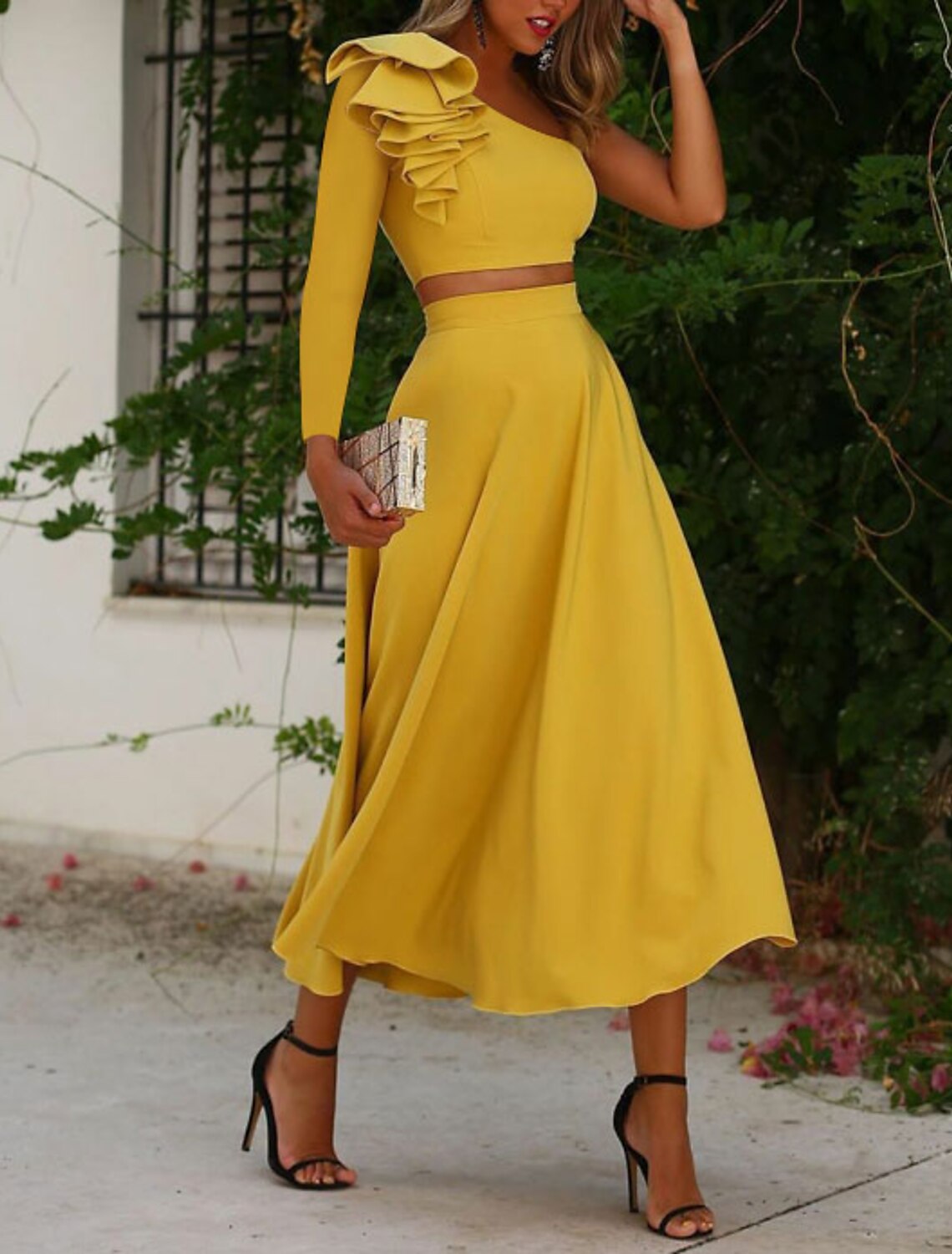 A-Line Cocktail Dresses Cut Out Dress Party Wear Wedding Guest Tea Length Long Sleeve One Shoulder Stretch Fabric with Ruffles