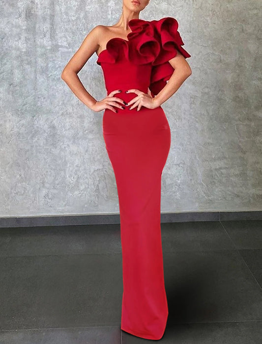 Mermaid / Trumpet Evening Gown Celebrity Style Dress Formal Wedding Guest Floor Length Sleeveless One Shoulder Stretch Fabric with Ruffles