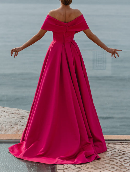 A-Line Evening Gown Party Dress Celebrity Style Dress Formal Wedding Court Train Sleeveless Off Shoulder Bridesmaid Dress Satin with Ruched