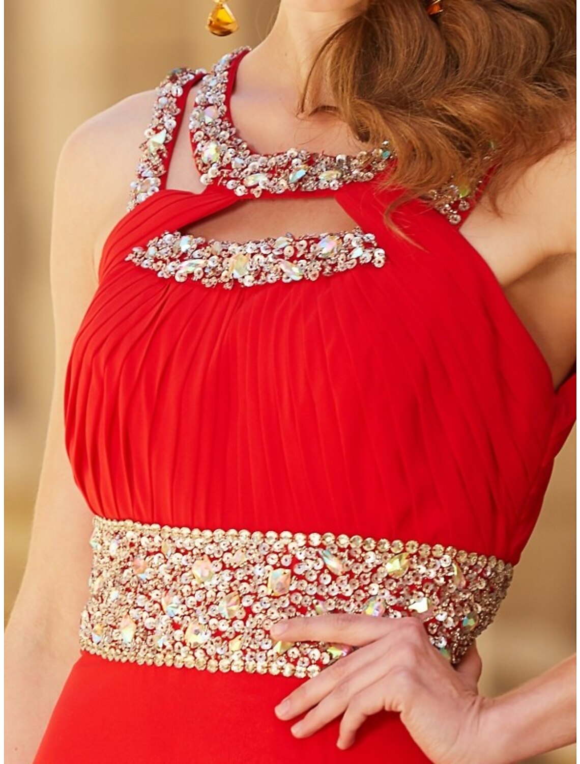 A-Line Evening Gown Sparkle & Shine Dress Wedding Guest Party Wear Floor Length Sleeveless Halter Neck Chiffon with Rhinestone
