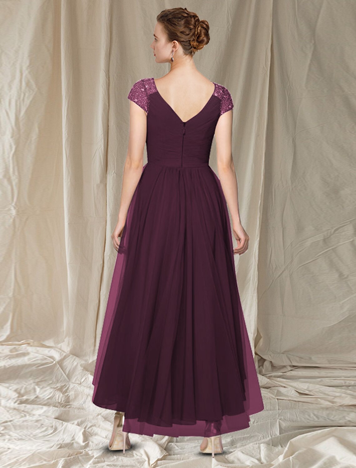 A-Line Mother of the Bride Dress Elegant High Low V Neck Asymmetrical Ankle Length Chiffon Cap Sleeve with Pleats Beading Sequin