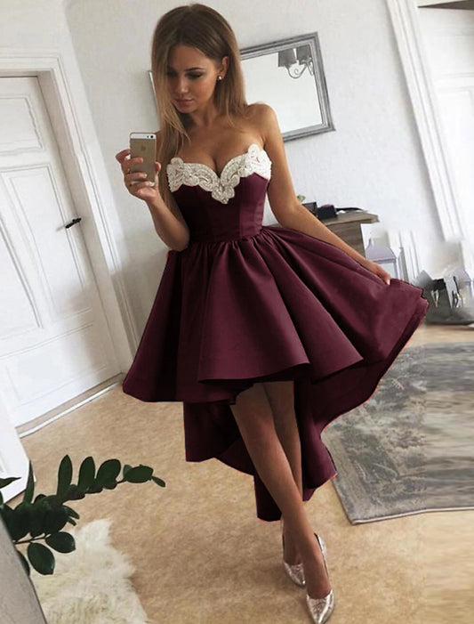 A-Line Cocktail Dresses Minimalist Dress Homecoming Asymmetrical Sleeveless Strapless Satin with Appliques