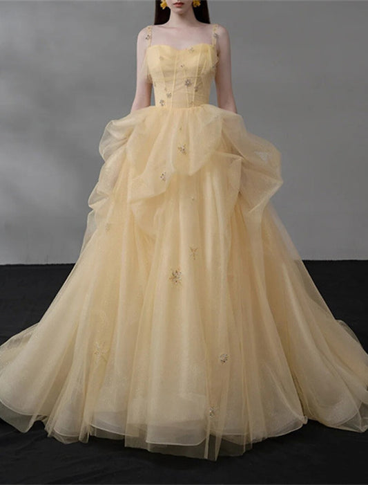 Ball Gown Quinceanera Dresses Princess Dress Performance Sweet 16 Court Train Sleeveless Spaghetti Strap Tulle with Appliques
