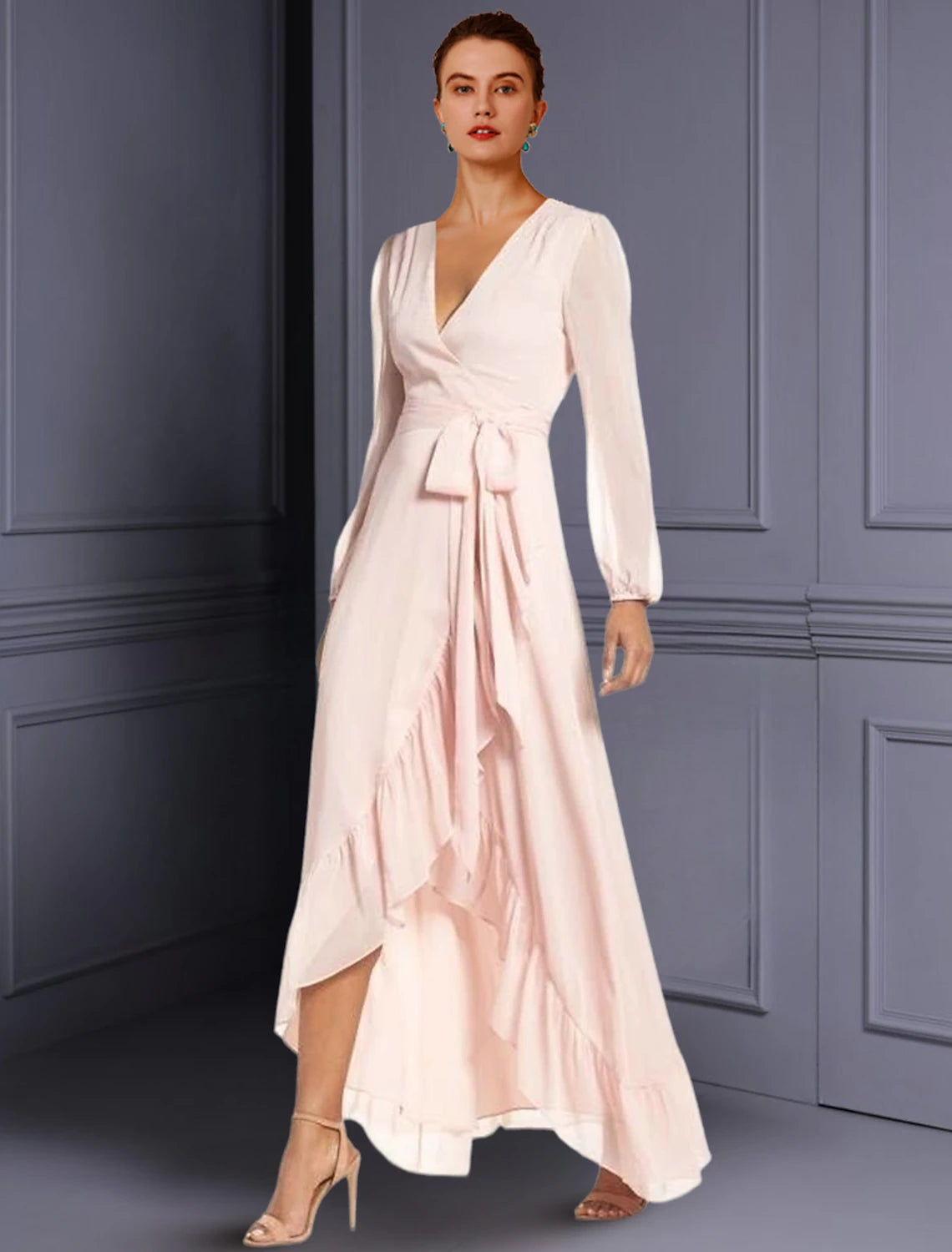 A-Line Mother of the Bride Dress Wedding Guest Elegant High Low V Neck Asymmetrical Tea Length Chiffon Long Sleeve with Ruched