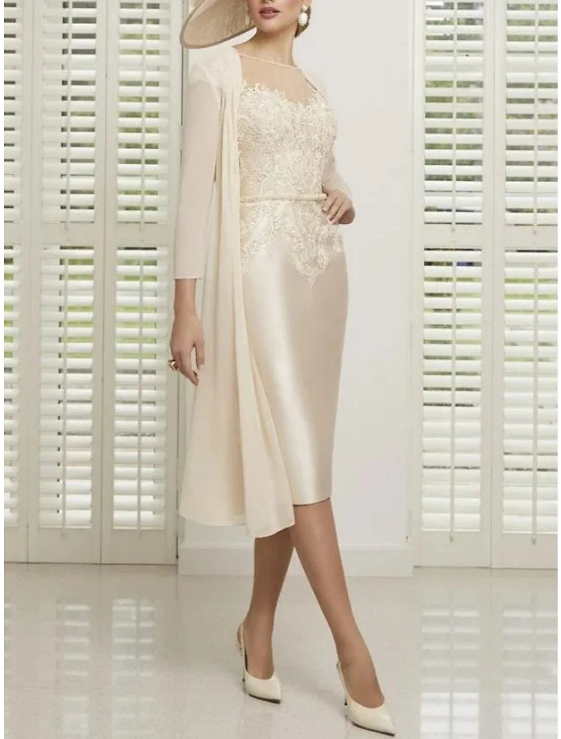 Two Piece Mother of the Bride Dress Wedding Guest Elegant Petite Illusion Neck Knee Length Chiffon Satin Lace Long Sleeve with Ruching Solid Color