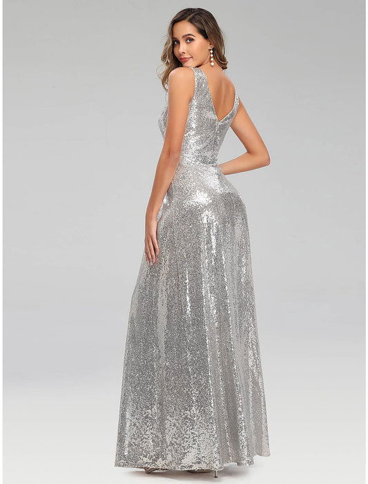 A-Line Prom Dresses Sparkle Dress Wedding Guest Floor Length Sleeveless V Neck Polyester V Back with Sequin