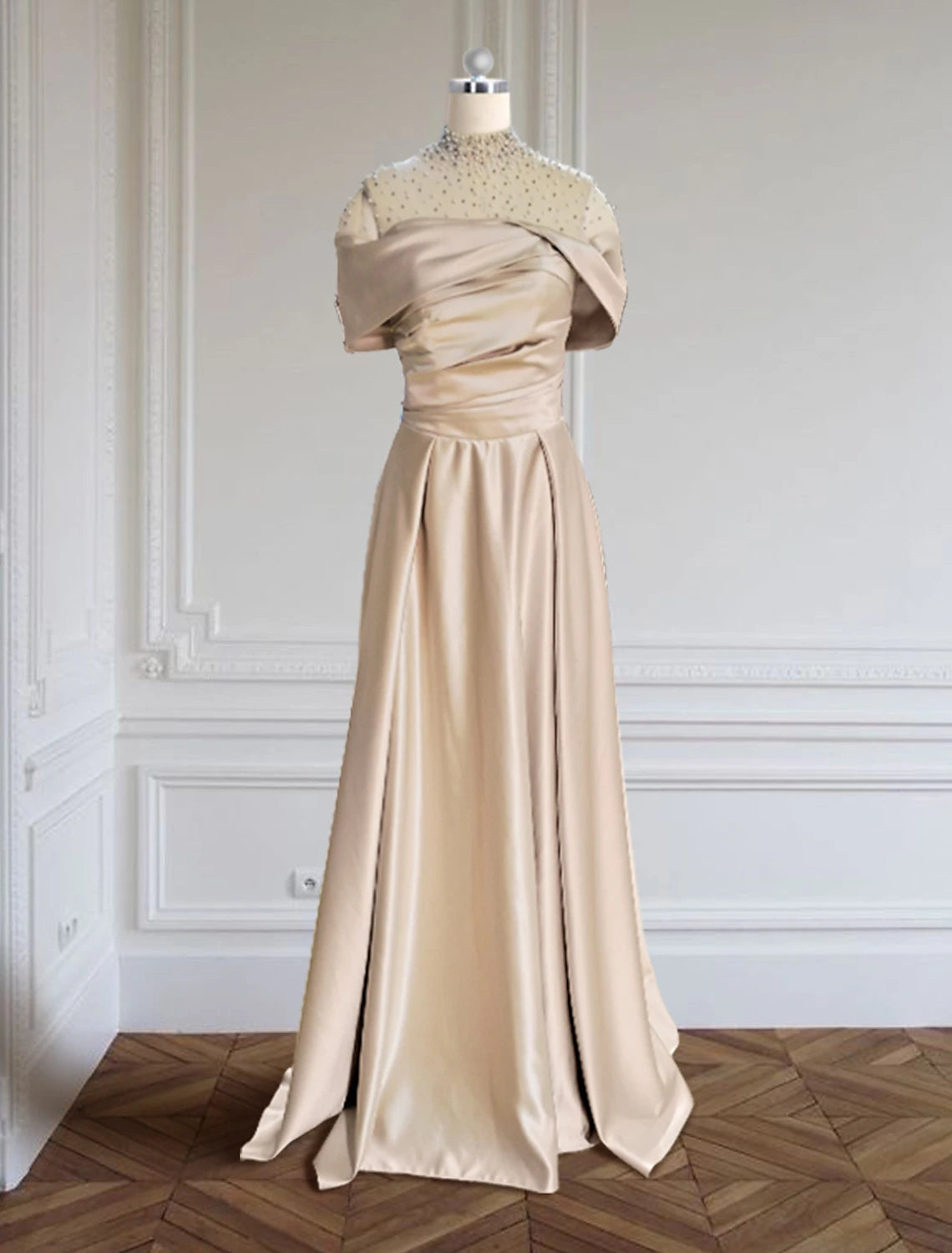 A-Line Evening Gown Elegant Dress Formal Christmas Red Green Dress Floor Length Short Sleeve Illusion Neck Satin with Ruched Beading