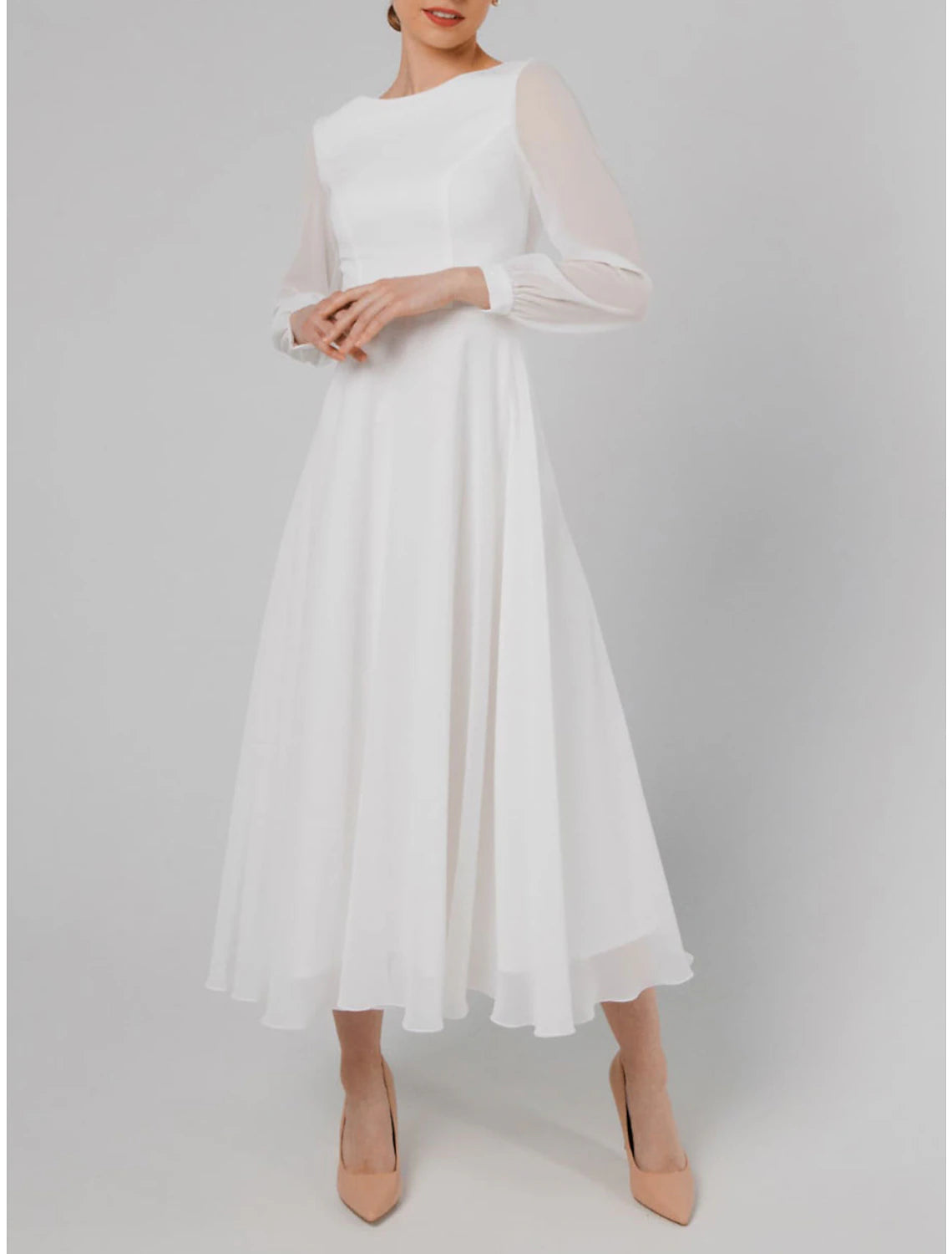 A-Line Cocktail Dresses Little White Dresses Dress Wedding Reception Tea Length Long Sleeve Jewel Neck Fall Wedding Guest Cotton V Back with Ruffles Pure Color