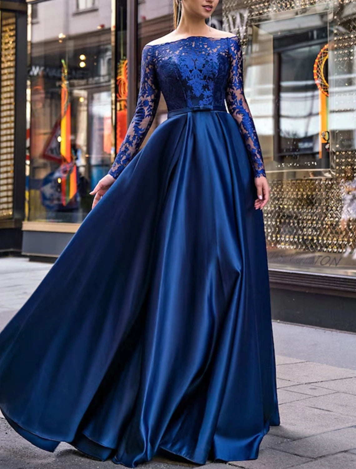 A-Line Evening Gown Party Dress Christmas Red Green Dress Elegant Dress Wedding Guest Fall Floor Length Long Sleeve Off Shoulder Belt / Sash Satin with Appliques