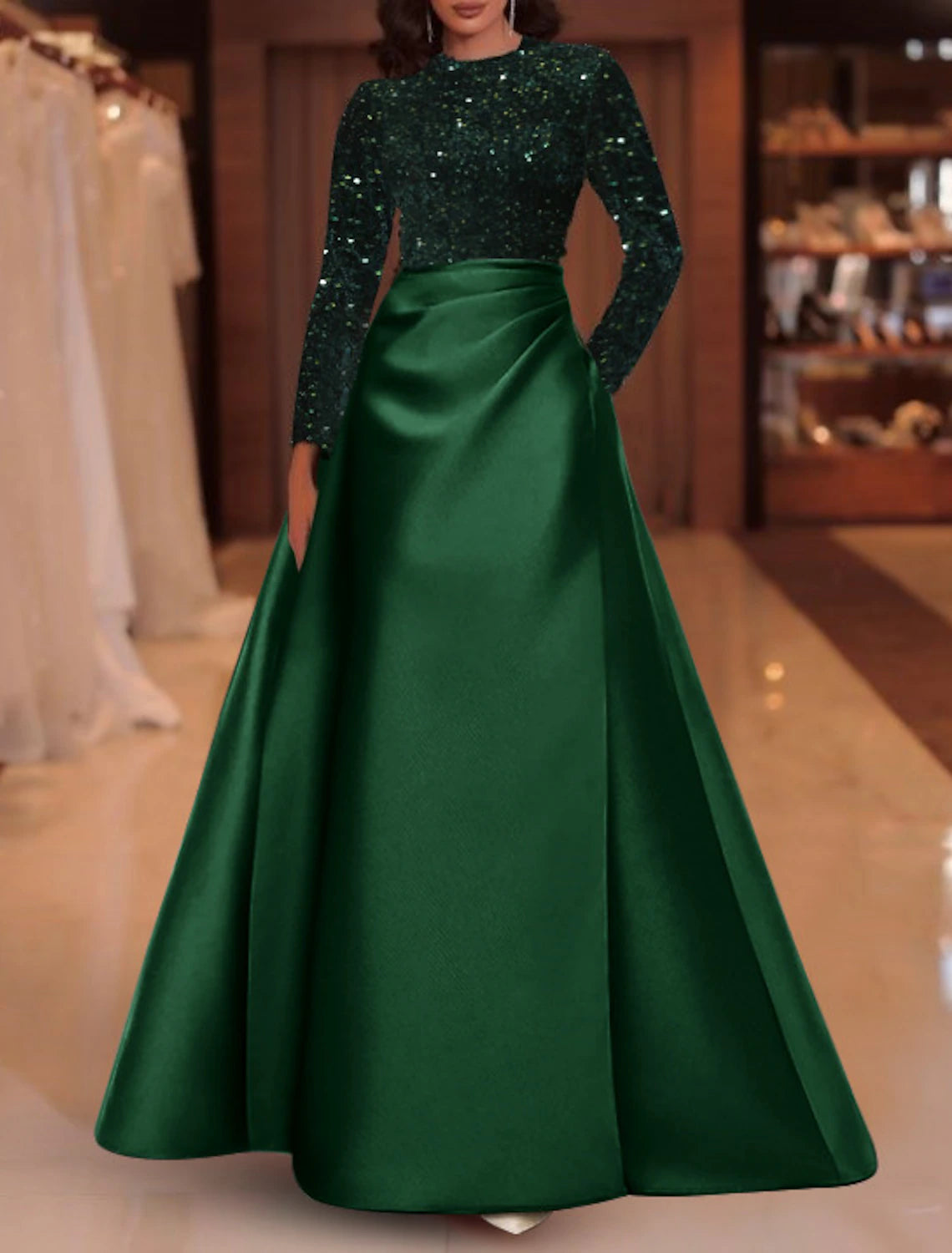 A-Line Evening Gown Elegant Dress Christmas Red Green Dress Wedding Guest Floor Length Long Sleeve Jewel Neck Pocket Satin with Sequin