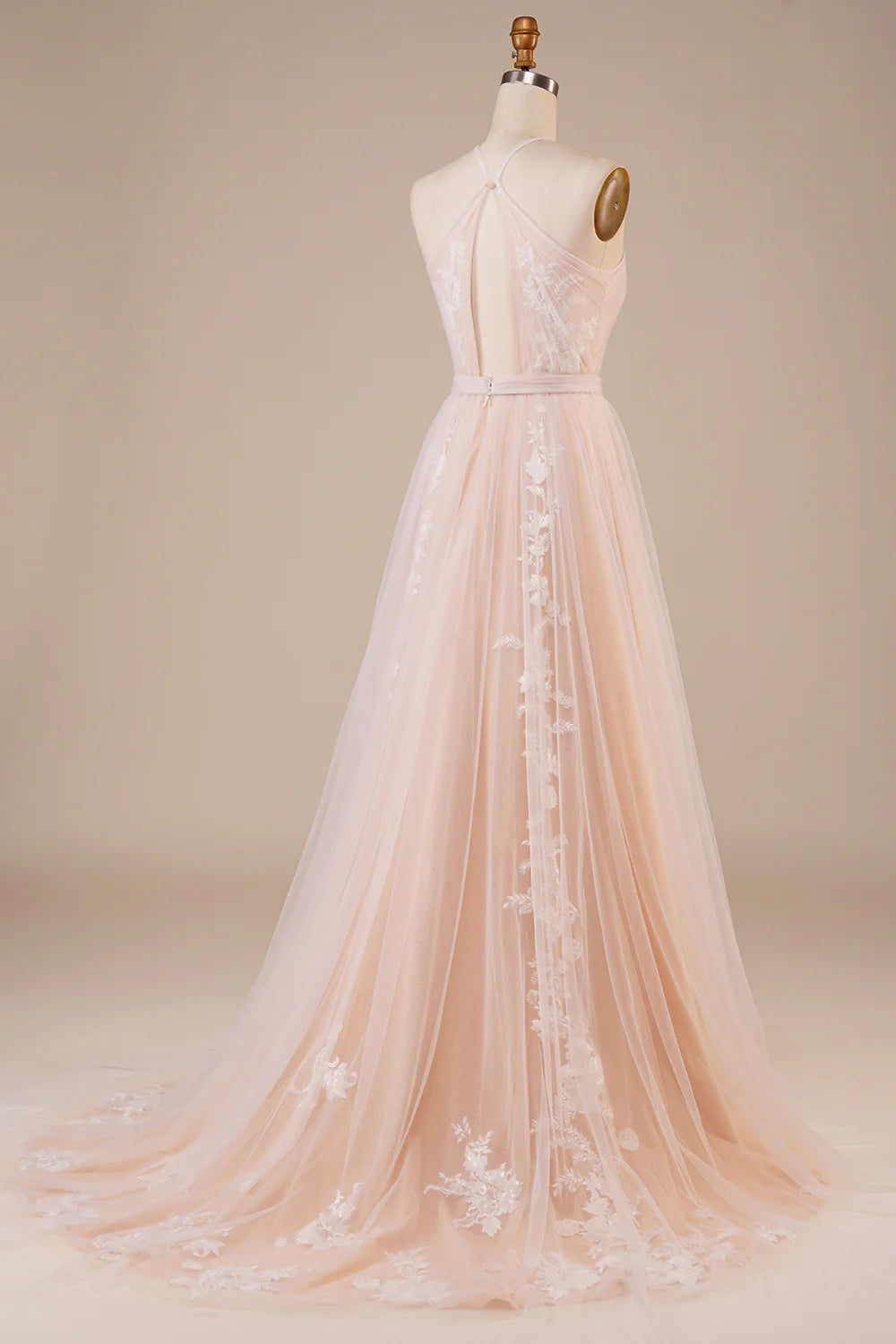 DingJiDress Tulle Halter Keyhole Champagne Wedding Dress with Appliques