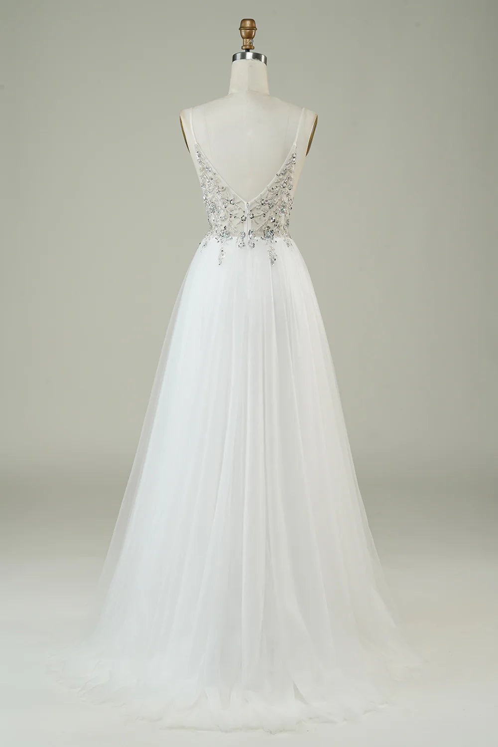 DingJiDress Gorgeous A Line Spaghetti Straps White Tulle Long Wedding Dress with Beading