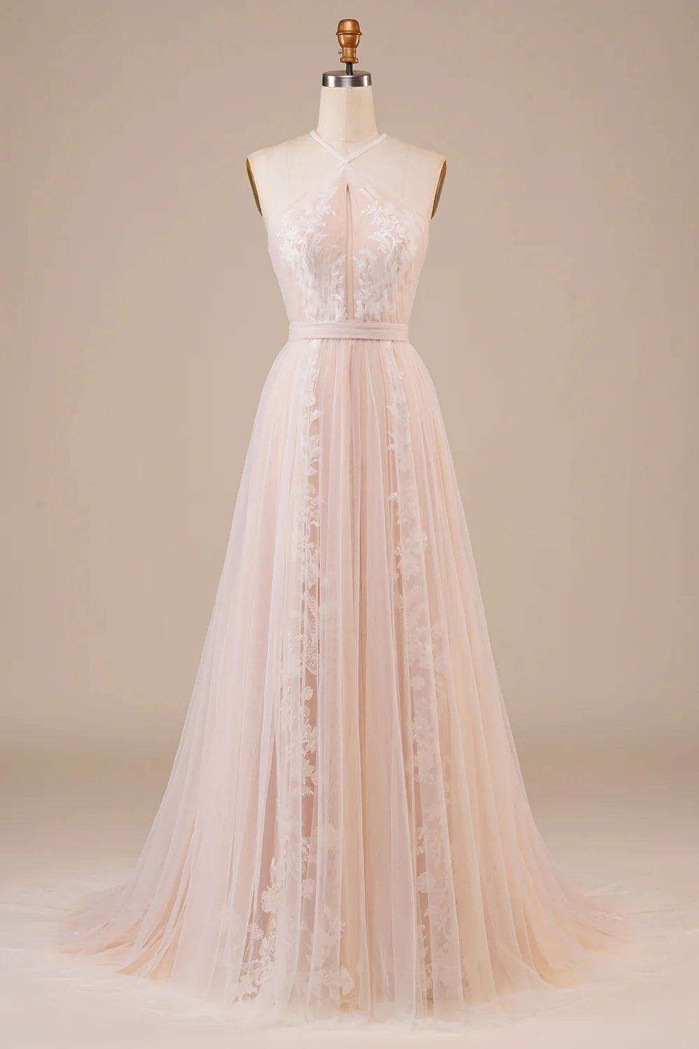 DingJiDress Tulle Halter Keyhole Champagne Wedding Dress with Appliques