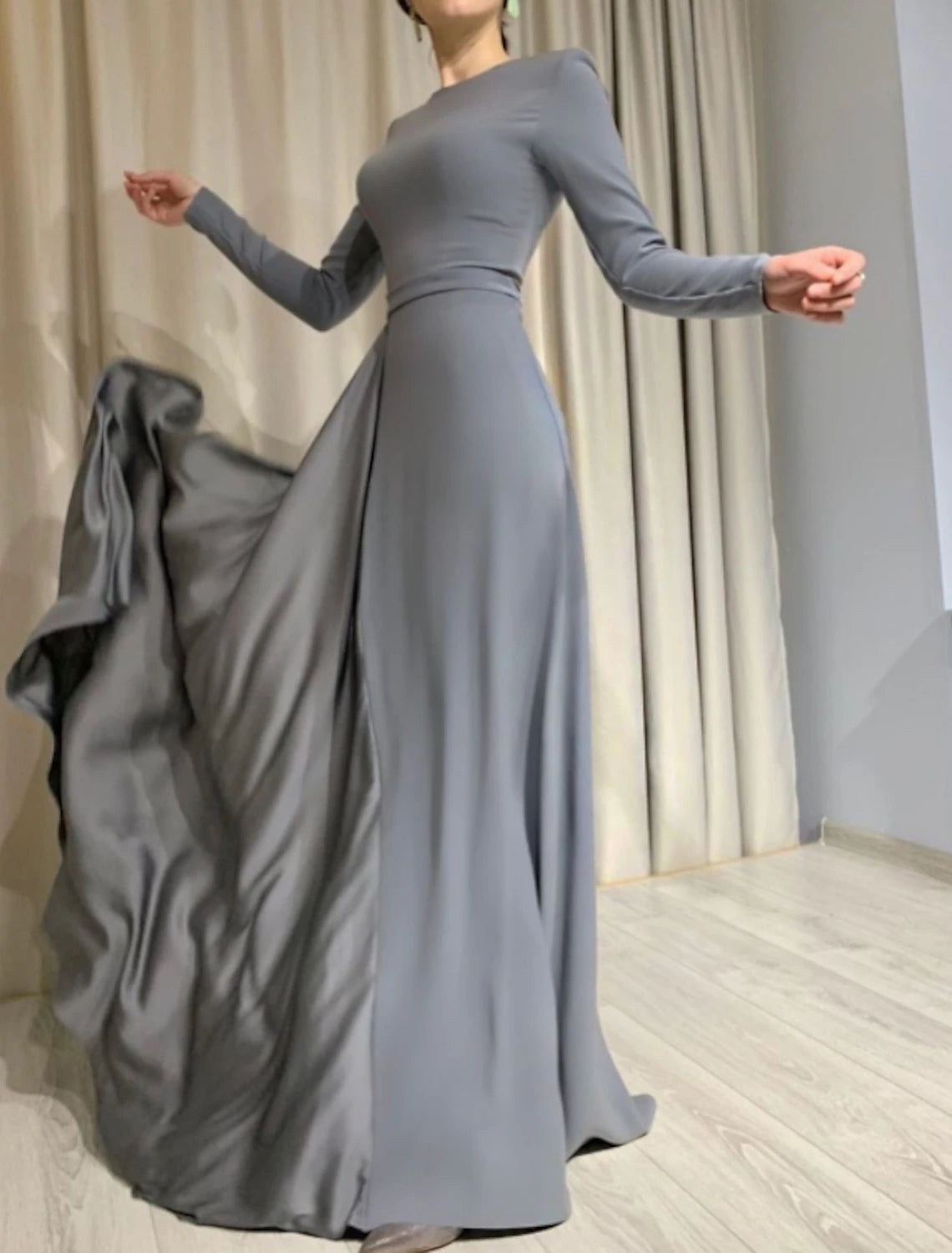 Sheath Party Dress Evening Gown Minimalist Dress Wedding Guest Formal Evening Floor Length Long Sleeve Jewel Neck Satin with Pleats
