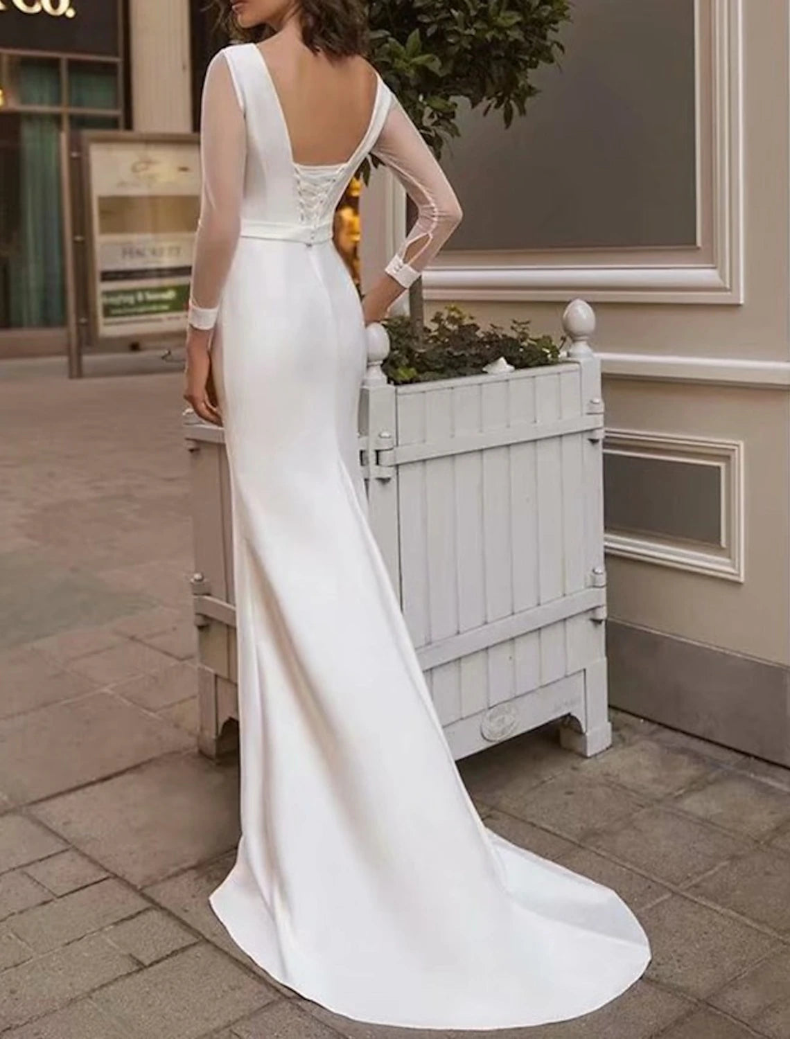 DingJiDress Reception Royal Style Simple Wedding Dresses Mermaid / Trumpet Scoop Neck Long Sleeve Sweep / Brush Train Satin Bridal Gowns With Solid Color Summer Wedding Party dress to impress Fall Wedding