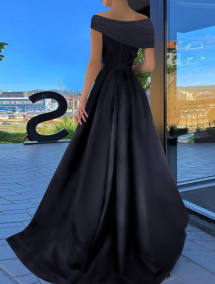 Prom Dresses Little Black Dress Dress Formal Floor Length Short Sleeve Off Shoulder Satin with Ruched Slit