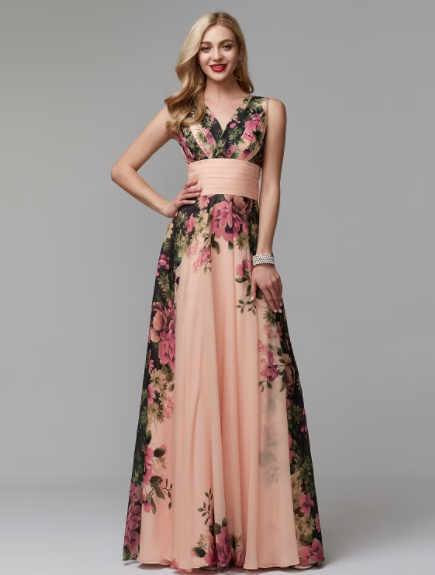 A-Line Floral Dress Floor Length Sleeveless V Neck Chiffon with Pattern Print