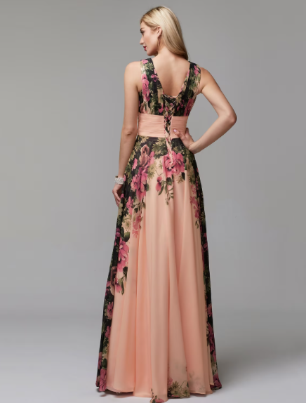 A-Line Floral Dress Floor Length Sleeveless V Neck Chiffon with Pattern Print