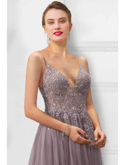 A-Line Prom Dresses Floral Dress Party Wear Floor Length Sleeveless Strap Tulle with Slit