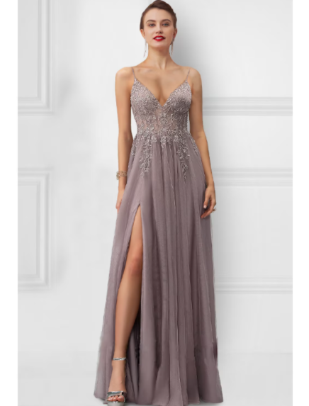 A-Line Prom Dresses Floral Dress Party Wear Floor Length Sleeveless Strap Tulle with Slit