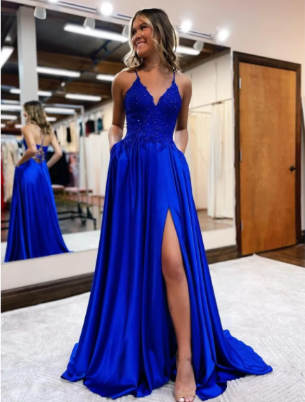 Prom Dresses Formal Sleeveless V Neck Satin Backless