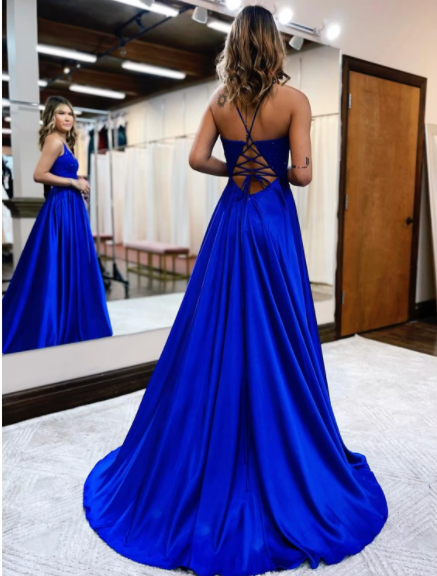 Prom Dresses Formal Sleeveless V Neck Satin Backless