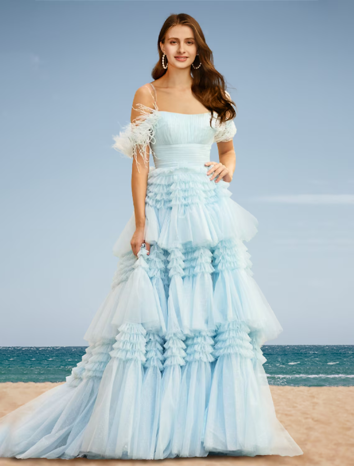 A-Line Prom Dresses Tiered Dress Wedding Party Court Train Sleeveless Off Shoulder Tulle with Slit