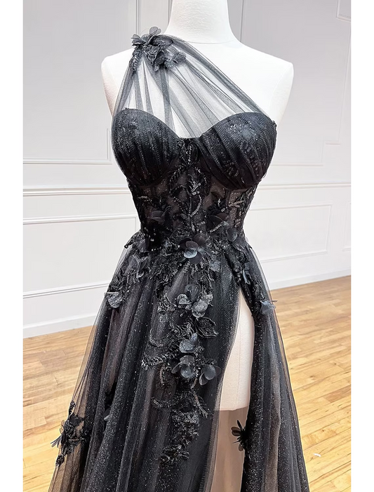 A-Line Prom Dresses Dress Formal Sleeveless One Shoulder Tulle Backless with Pleats Appliques