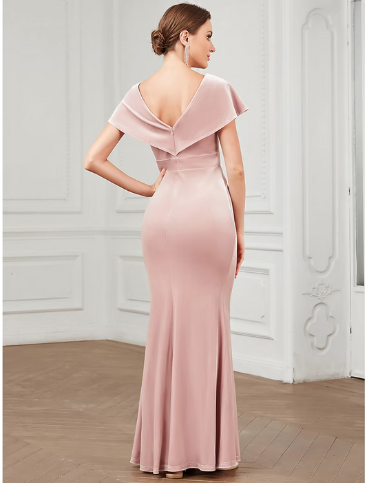 Evening Gown Vintage Dress Floor Length Short Sleeve V Neck Velvet V Back with Ruffles