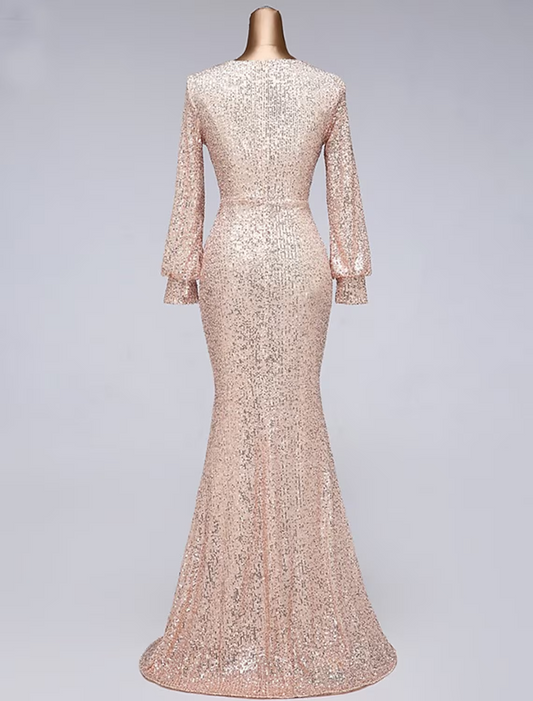 Evening Gown Elegant Dress Wedding Guest Floor Length Long Sleeve V Neck Tulle with Sequin Slit