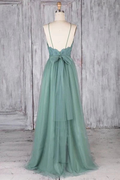 A Line Backless Lace Green Long Prom Dresses, Backless Green Lace Formal Graduation Evening Dresses - luolandi